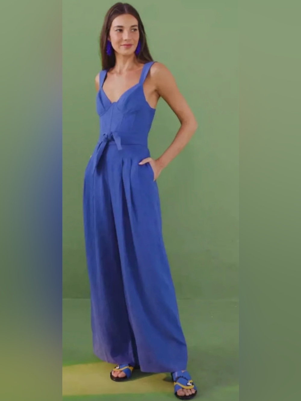 FARM Rio Blue Belted Pleated Wide Leg Linen Jumpsuit | M